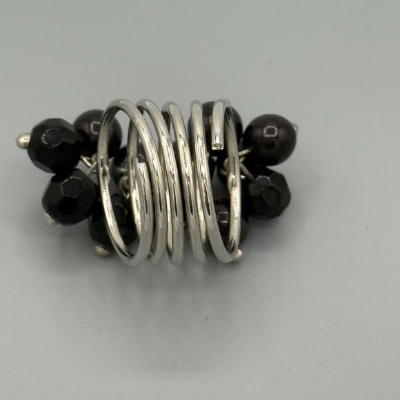 Multi-Band Silver Ring With Black Bead Cluster - Picture 7 of 9